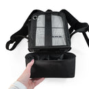 Black mesh oxygen concentrator backpack with zippered storage compartment, shown open