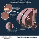 Pink Inogen backpack showing breathable mesh panels, airflow foam, and ergonomic straps for comfort.