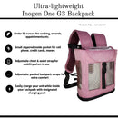 Ultra-lightweight pink Inogen One G3 backpack with mesh panels, zippered pocket, and padded straps.