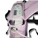 Purple carry bag with clear window holding portable oxygen concentrator and tubing