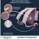 Detail of a purple backpack with mesh panels, breathable foam, and airflow design for comfort.