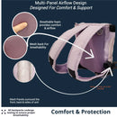 Breathable mesh backpack with multi-panel airflow design for comfort and support, shown close up.