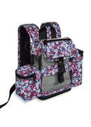 Floral print backpack for portable oxygen concentrator with side pockets and mesh panel.