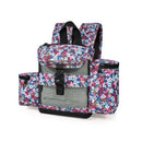 Colorful floral print backpack with mesh front, side pockets, and top flap, ideal for portable oxygen concentrator.