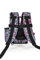 Back view of floral print backpack with padded straps and mesh back panel for portable oxygen