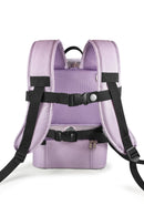 Purple backpack with padded straps, mesh back, and adjustable chest buckle, designed for oxygen concentrator carry