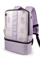 Lavender mesh backpack for portable oxygen concentrator with padded straps and side vents
