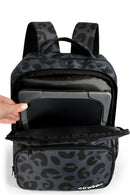 Black leopard print backpack with padded straps, front pocket, and tablet compartment