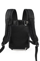 Black backpack with adjustable shoulder straps and mesh breathable back panel, rear view.