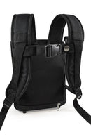 Black mesh oxygen concentrator backpack with adjustable padded straps and chest buckle