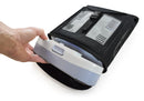 Hand placing portable oxygen concentrator into black ventilated carry bag