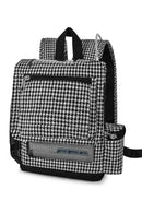 Black and white houndstooth oxygen concentrator backpack with front zip pocket and mesh panel