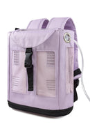 Purple backpack-style oxygen concentrator carry bag with mesh panels and tube opening