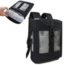 Black mesh backpack for portable oxygen concentrator, with side view and device insertion