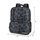 Gray and black leopard print backpack with front zipper pockets, mesh side, 16 x 13 x 7.8 inches
