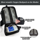 Lightweight black oxygen concentrator backpack with mesh top, storage compartment, and zip feature for Inogen device and accessories.