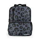 Gray and black leopard print backpack with front zipper pocket and top handle