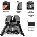 Houndstooth print oxygen concentrator backpack with padded straps, cannula holder, adjustable chest and waist straps, and non-slip bottom grips.
