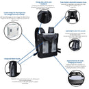 Black backpack with integrated mesh panels, adjustable straps, and charging port for Inogen One G3 or Oxygo portable oxygen units.