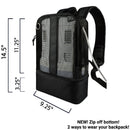 O2TOTES Inogen One G3 backpack with mesh front, black zip-off bottom, adjustable straps, and measured dimensions