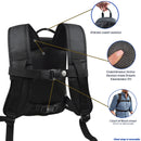 Black backpack for portable oxygen concentrator with padded straps, strong carry handle, and adjustable waist and chest straps.
