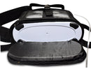 Open black carry bag holding portable oxygen concentrator with visible bottom section