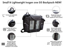 Small lightweight Inogen One G3 backpack with breathable mesh, wide padded straps, extra battery pockets, adjustable chest strap, and side storage pockets.
