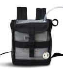 Black mesh backpack for portable oxygen concentrator, front view with tubing and buckle closure