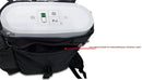 Inogen portable oxygen concentrator in black backpack with front zippered pocket for storage.