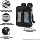 Black backpack for Inogen One portable oxygen concentrator with mesh panels, zippered bottom, and clear viewing panel.