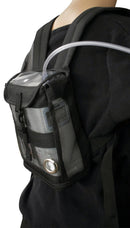Black mesh Inogen One G4 portable oxygen concentrator backpack worn over shoulder