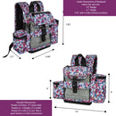 Floral print Inogen backpack with multiple pockets and dimensions for portable oxygen concentrator.