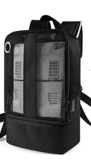 Black mesh oxygen concentrator backpack for Inogen One G3 by O2TOTES, front view