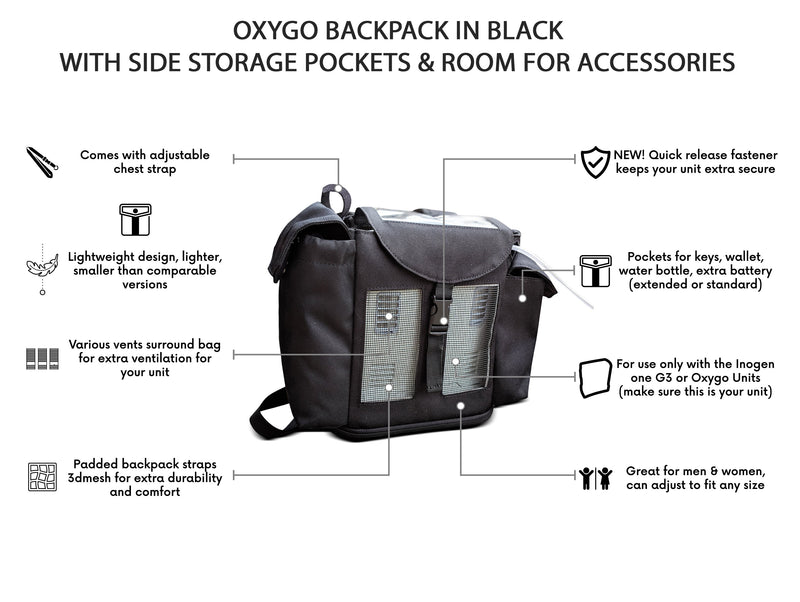 Oxygo Backpack in black with side pockets & comfort straps - O2TOTES